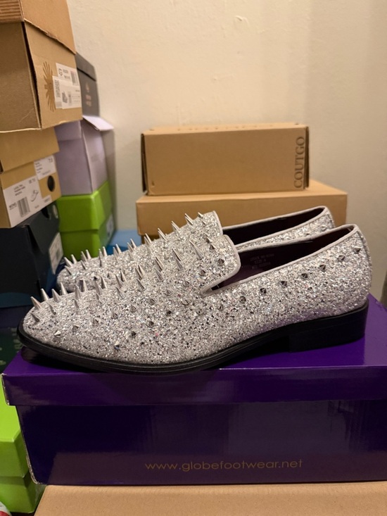 Globe Silver Glitter Loafers with Silver Spikes